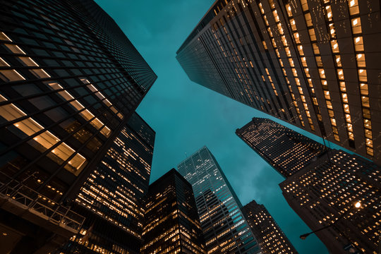 Night View Of Toronto City Skyscrapers; Look Up;