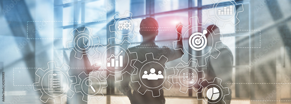 Poster business process automation concept. gears and icons on abstract background.