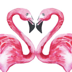 Two pink flamingos in love forming a heart. Watercolor illustration.