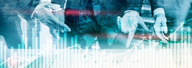 Business finance growth graph chart analysing diagram trading and forex exchange concept double exposure mixed media background website header.