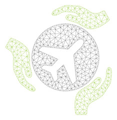 Mesh aviation care hands polygonal 2d illustration. Abstract mesh lines and dots form triangular aviation care hands.