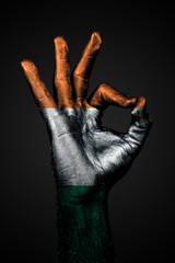 A hand with the painted flag of Ireland shows an OK sign on a dark background.