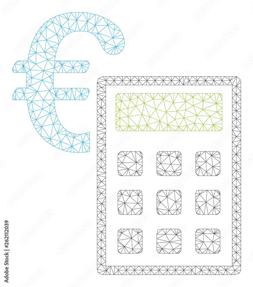 Poster mesh euro accounting polygonal icon illustration. abstract mesh lines and dots form triangular euro 