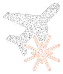 Mesh aiplane explosion polygonal icon illustration. Abstract mesh lines and dots form triangular aiplane explosion.