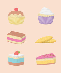 Cakes and sweets decorative icons set collection with warm color and various kinds - vector