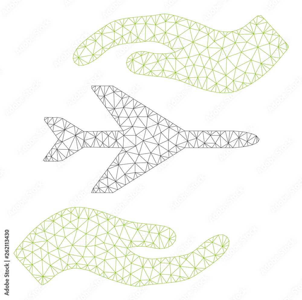 Poster mesh airplane care hands polygonal 2d illustration. abstract mesh lines and dots form triangular air
