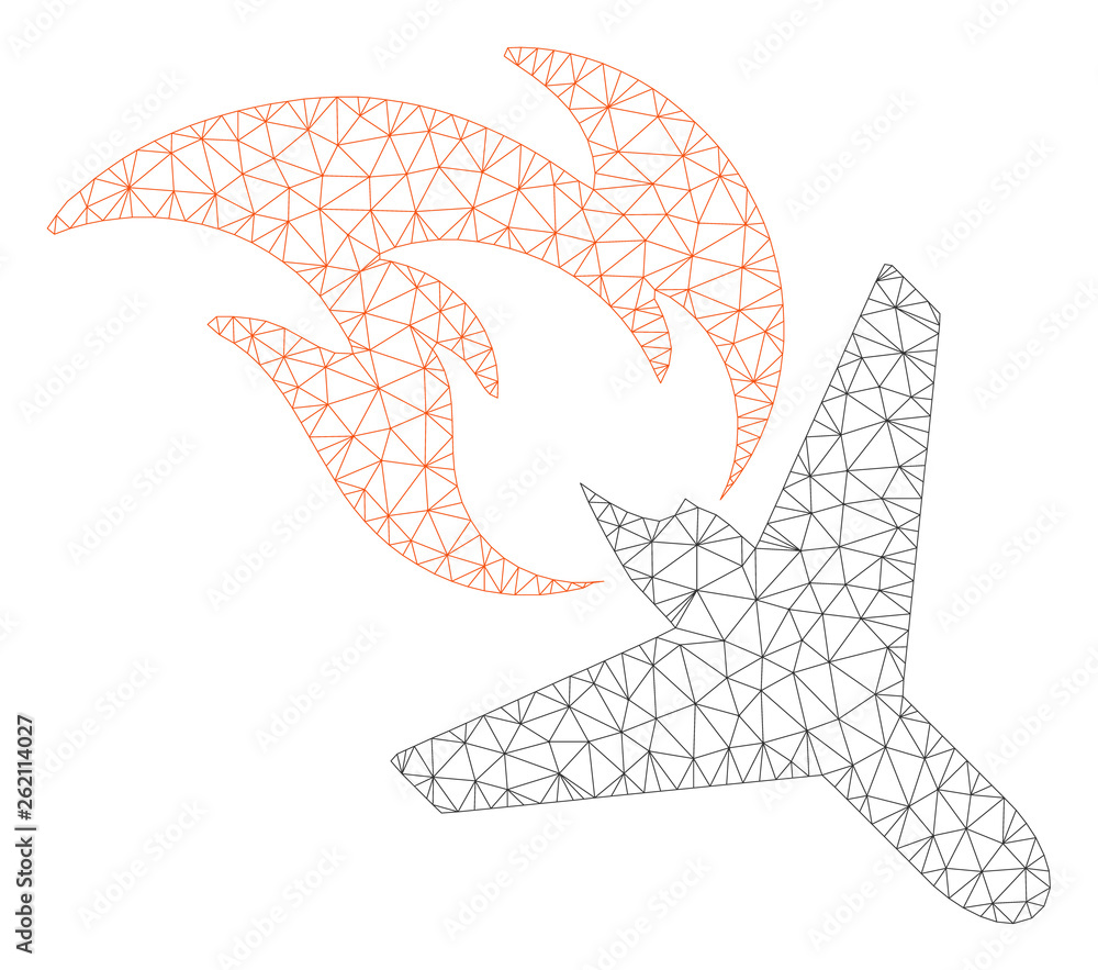 Poster mesh airplane fire disaster polygonal icon illustration. abstract mesh lines and dots form triangula