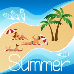 Tropical landscape, background view from above - the beach, palm trees, the sea, young people sunbathe on towels - a guy and two girls in bikinis, white boats on the waves. Flat, vector illustration