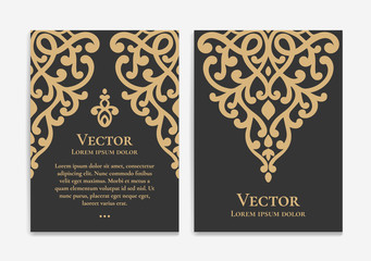 Gold vintage greeting card design with a black background. Luxury vector ornament template. Mandala. Great for invitation, flyer, menu, brochure, wallpaper, decoration, or any desired idea.