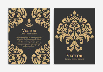 Gold vintage greeting card design with a black background. Luxury vector ornament template. Mandala. Great for invitation, flyer, menu, brochure, wallpaper, decoration, or any desired idea.