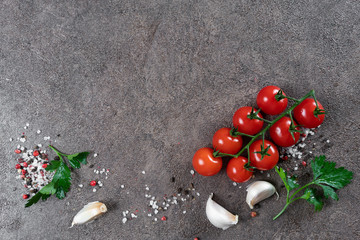 Food background. Fresh farmer vegetables at dark beton table. Space for text.