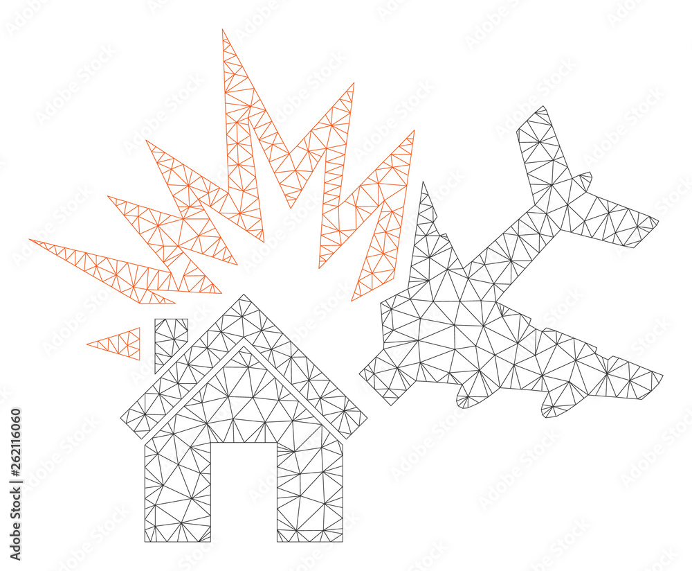Poster mesh aircraft house collision polygonal 2d illustration. abstract mesh lines and dots form triangula