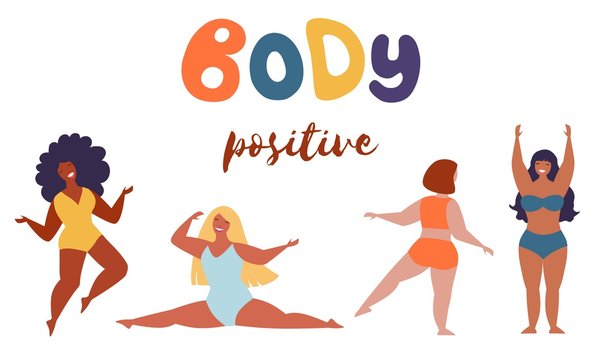 Body positive. Happy girls are dancing. Attractive overweight woman. Vector illustration.