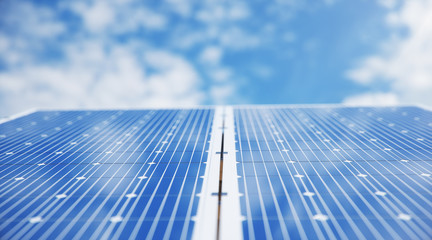 Obraz premium 3D illustration Solar Panels. Alternative energy. Concept of renewable energy. Ecological, clean energy. Solar panels, photovoltaic with reflection beautiful blue sky. Solar panels in the desert
