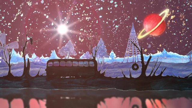 Seamless parallax landscape animation looped silhouette, space with sun, planets, stars, quasar, river, seamlessly animated background with nature over night cosmic galaxy