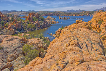 Fototapeta na wymiar View of Watson Lake from the Treehouse Trail on the east side of the lake. Located in Prescott AZ.
