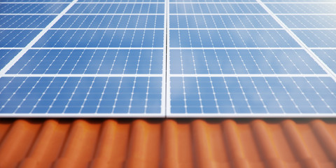 3D illustration solar panels on a red roof of a house. Solar panels with reflection beautiful blue sky. Concept of renewable energy. Ecological, clean energy. Green energy. Photovoltaic Solar cells