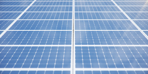 3D illustration solar panels background. Solar panels, photovoltaic panels with reflection beautiful blue sky. Concept of renewable energy. Ecological, clean energy. Eco, green energy. Solar cells.