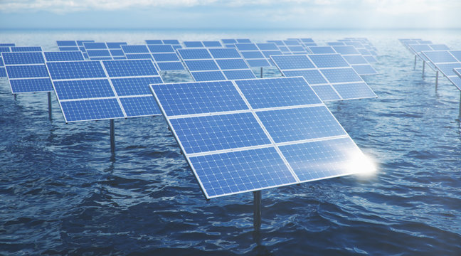3D illustration solar panels in the sea or ocean. Alternative energy. Concept of renewable energy. Ecological, clean energy. Solar panels, photovoltaic with reflection beautiful blue sky.