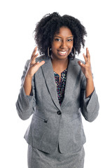 Black African American female businesswoman isolated on a white background looking angry and...