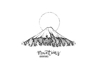 Hand drawn image of a mountain peak, engraving style, grunge textured