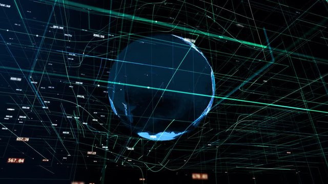 global digital world, abstract 3D rendering of technology global data network surrounding earth conveying connectivity data flood of modern digital age