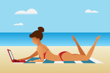 A young tanned woman in a red bikini swimsuit with a laptop lies on a towel near the seashore. The girl relaxes on the beach with a gadget in her hands. Flat style, vector illustration