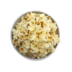 Bowl of popcorn viewed from above.