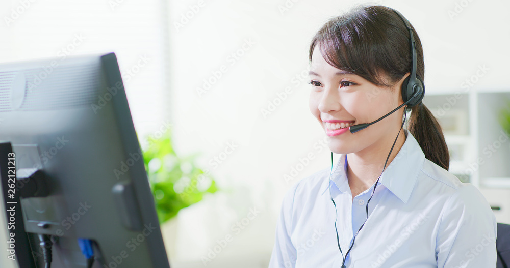 Poster business woman wearing headset