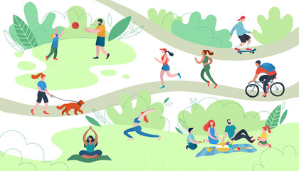 People relaxing in nature in a beautiful urban park. Flat figures of human wolking outdoors.