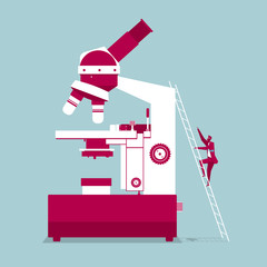 Scientific research uses a microscope. Isolated on blue background.