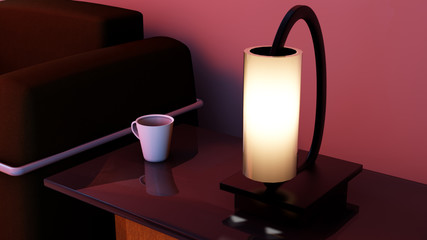concept art of modern lamp and coffee cup on top of a table
