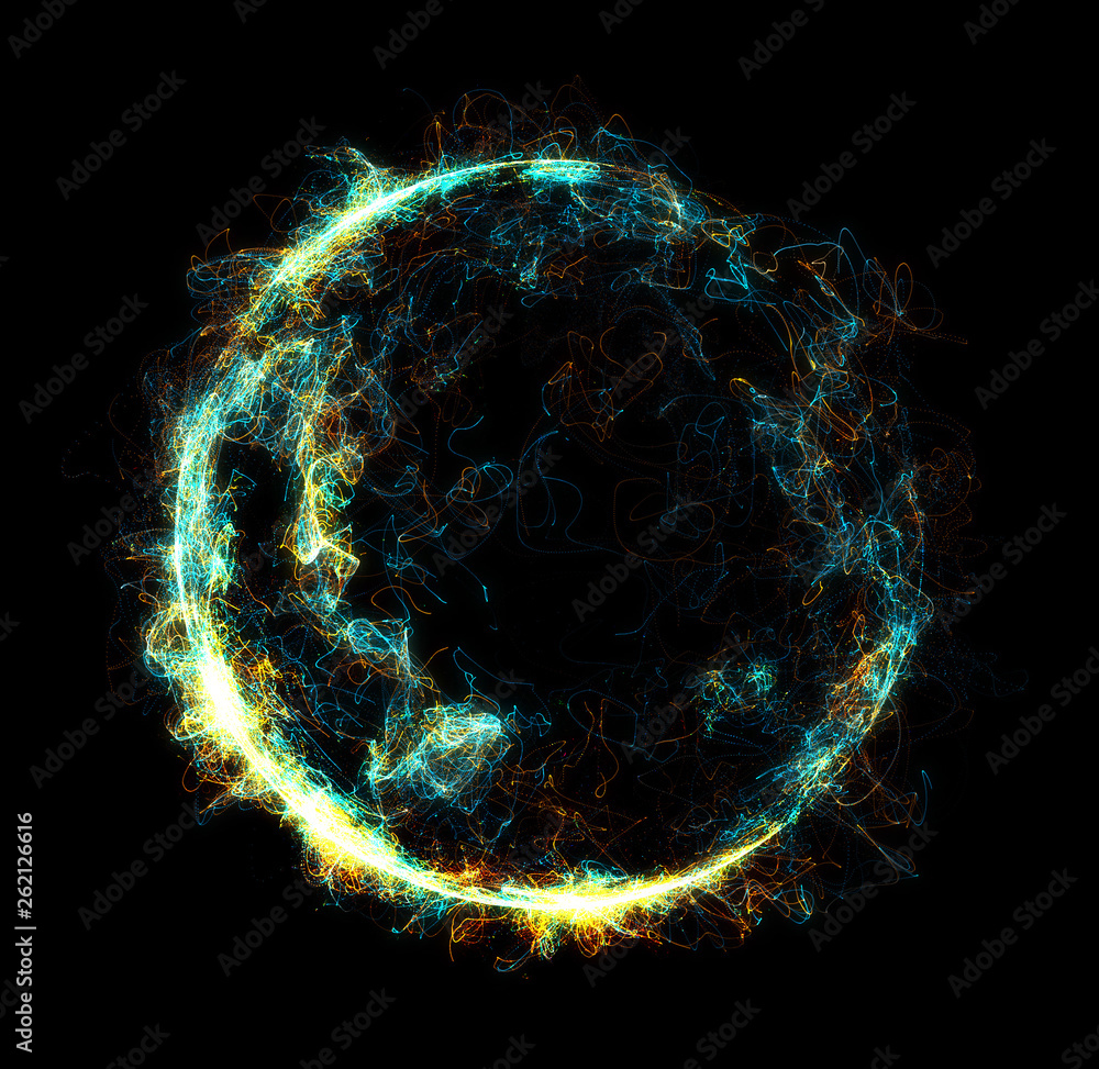 Poster abstract particles background with corrupted point sphere. sun solar flare particles coronal mass ej