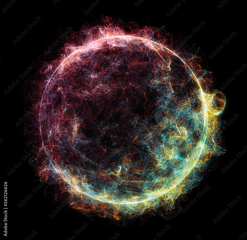 Poster abstract particles background with corrupted point sphere. sun solar flare particles coronal mass ej