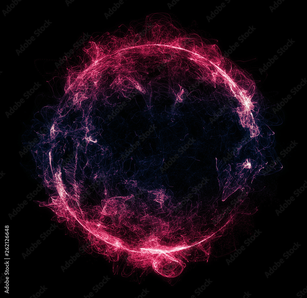Poster abstract particles background with corrupted point sphere. sun solar flare particles coronal mass ej