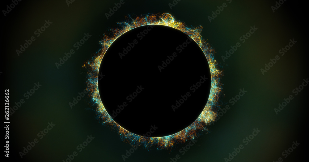 Poster abstract particles background with corrupted point sphere. sun solar flare particles coronal mass ej