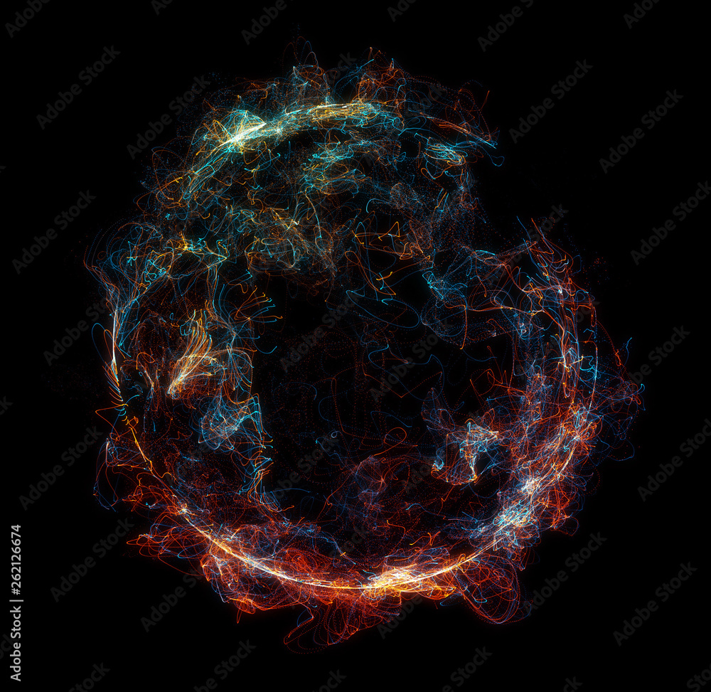 Poster abstract particles background with corrupted point sphere. sun solar flare particles coronal mass ej