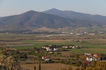 Sunset Landscape of Mount Chortiatis and rural land of Chalkidiki near city of Thessaloniki, Central Macedonia, Greece