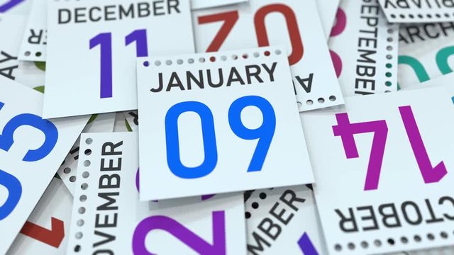 January 9 date on emphasized calendar page, 3D animation