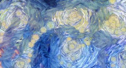 Impressionism wall art print. Vincent Van Gogh style oil painting. Swirl splashes. Surrealism artwork. Abstract artistic background. Real brush strokes on canvas. 