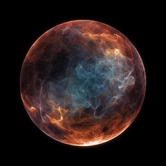 Abstract particle sphere, science background.Virtual flow big binary data visualization. Digital technology planet structure, Glows and particles. 3D render © Quardia Inc.