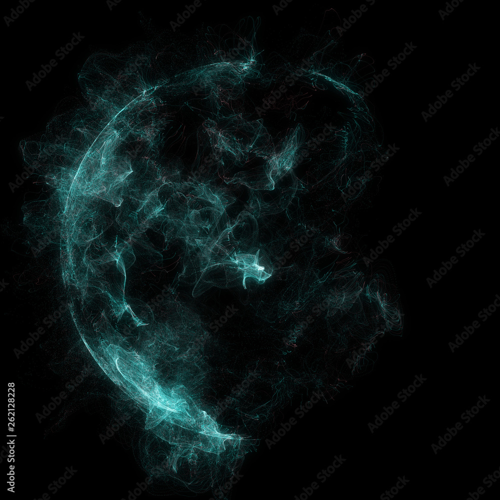Poster abstract particles background with corrupted point sphere. sun solar flare particles coronal mass ej