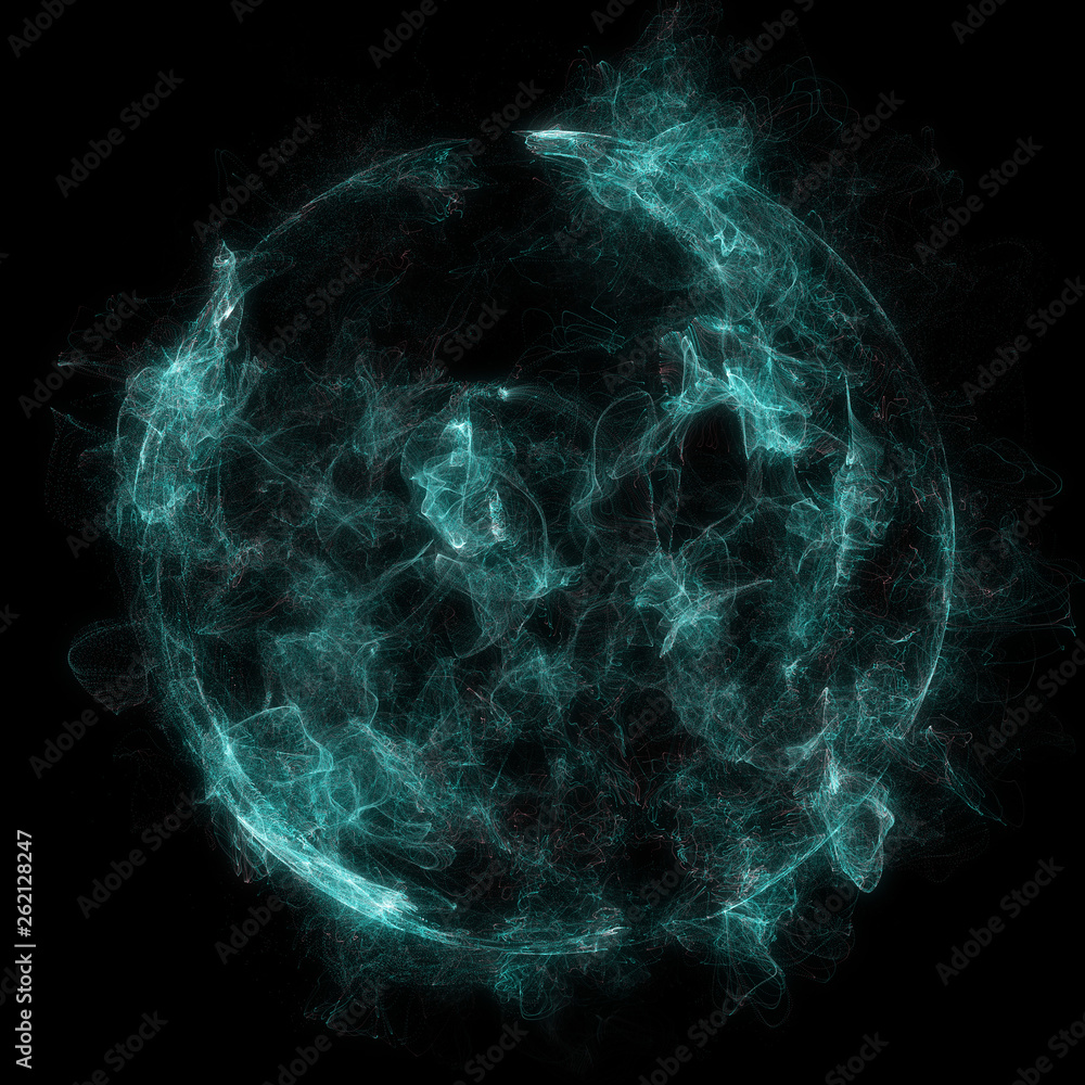 Poster abstract particles background with corrupted point sphere. sun solar flare particles coronal mass ej