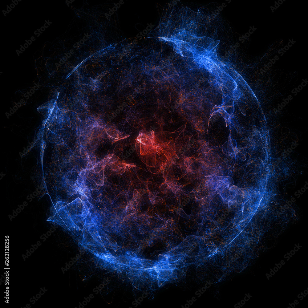 Poster abstract particles background with corrupted point sphere. sun solar flare particles coronal mass ej