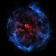 Abstract particles background with corrupted point sphere. Sun Solar Flare Particles coronal mass ejections. Globe grids with a broken structure. 3D render