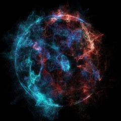 Abstract particles background with corrupted point sphere. Sun Solar Flare Particles coronal mass ejections. Globe grids with a broken structure. 3D render