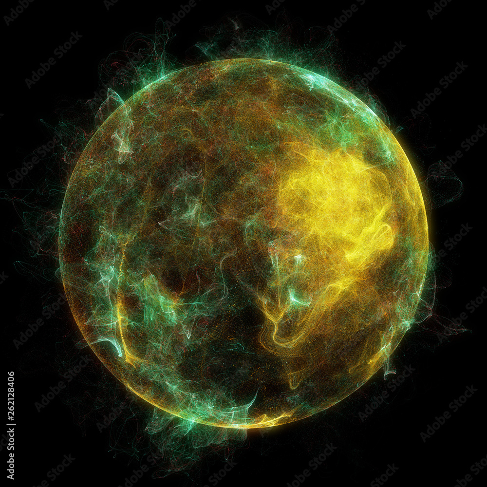 Poster abstract particles background with corrupted point sphere. sun solar flare particles coronal mass ej