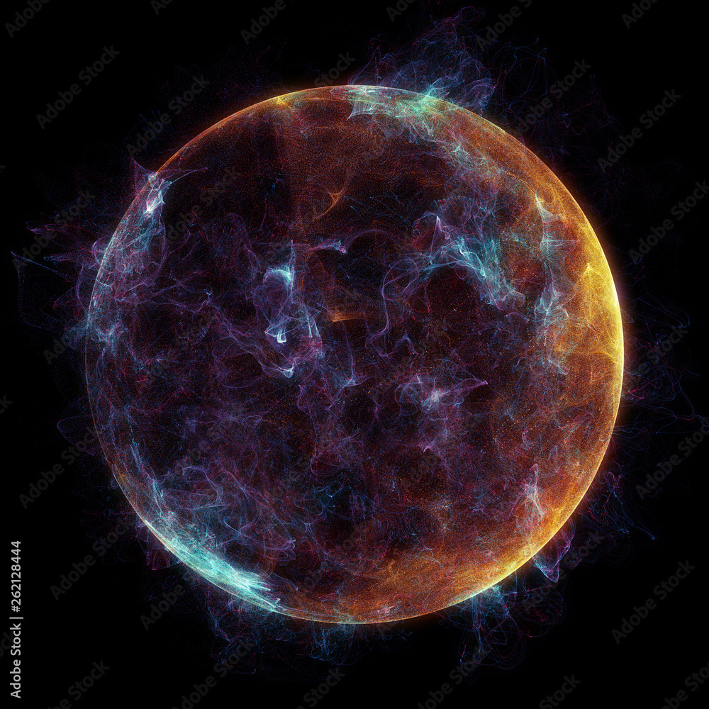 Poster abstract particles background with corrupted point sphere. sun solar flare particles coronal mass ej