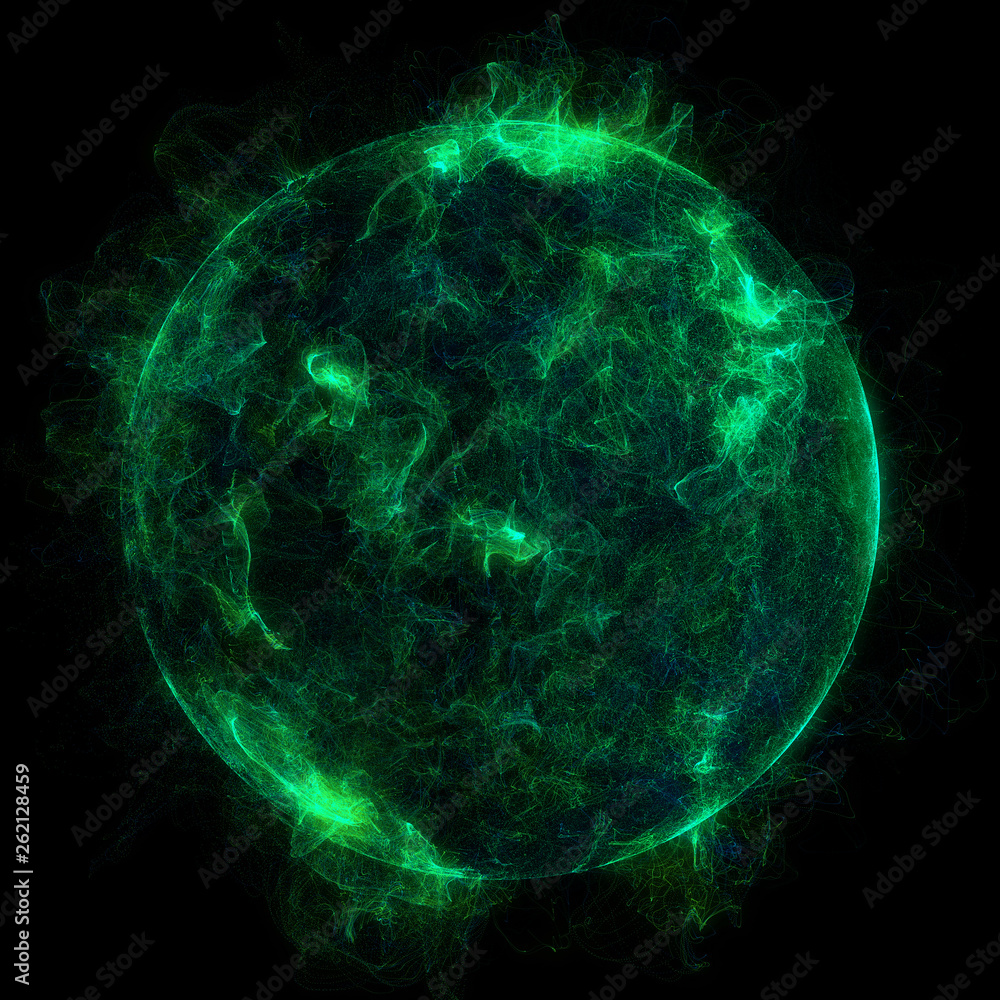 Poster abstract particles background with corrupted point sphere. sun solar flare particles coronal mass ej
