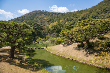 Pond and nice formed pine trees in the japanese garden ,Shikoku,Japan